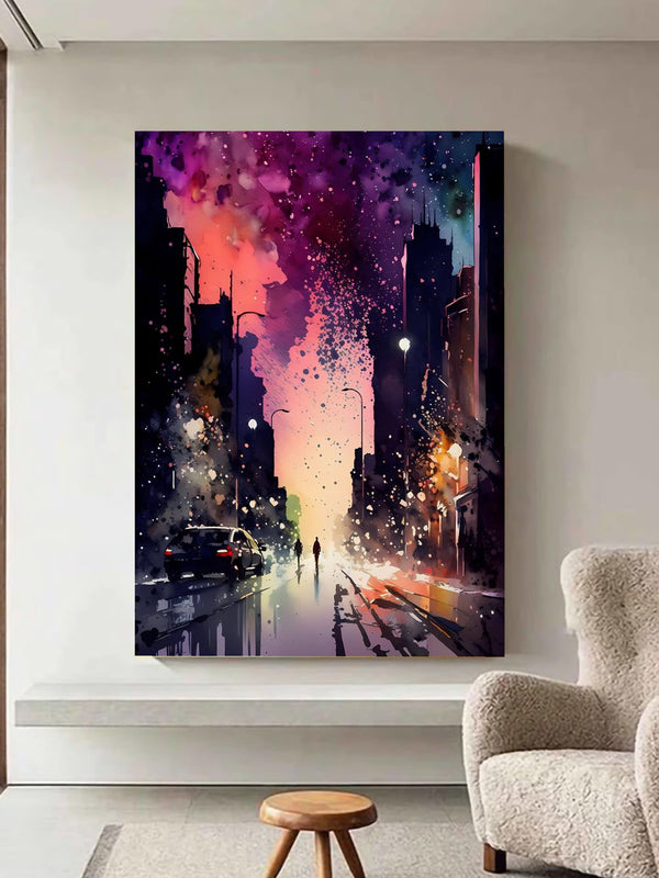 Twilight Walk – Abstract Night City Street Canvas Art