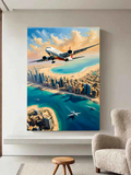 Futuristic Cityscape and Airplane Art