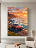 Vintage Car on Coastal Sunset Road