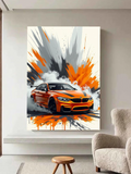 BMW M4 Drift Art – Orange Sports Car Illustration with Smoke and Splatter