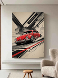 Red VW Beetle Racing Poster – Vintage Volkswagen Art with Abstract Background