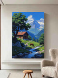 Mountain Cabin Wall Art – Serene Chalet, Horse & Stream Landscape Print