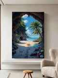 Tropical Beach Cave Wall Art – Ocean View, Palm Trees & Sandy Escape Print