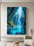 Magical Canyon Waterfall Wall Art – Nature Landscape Print with Blue Lagoon & Sunlight Rays