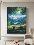 Tranquil Mountain View Wall Art – Serene Bench Overlook, Forest Lake Nature Print