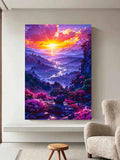 Vibrant Sunset Fantasy Wall Art – Dreamy Landscape Print with Mountains and River