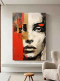 Abstract Modern Face Painting on Canvas – Bold Red, Gold & Black Expressionist Art