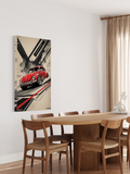 Red VW Beetle Racing Poster – Vintage Volkswagen Art with Abstract Background