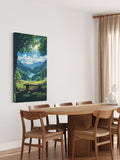 Tranquil Mountain View Wall Art – Serene Bench Overlook, Forest Lake Nature Print