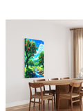 Peach Orchard Stream Wall Art – Vibrant Summer Landscape Nature Print for Home Decor