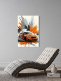 BMW M4 Drift Art – Orange Sports Car Illustration with Smoke and Splatter