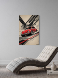 Red VW Beetle Racing Poster – Vintage Volkswagen Art with Abstract Background
