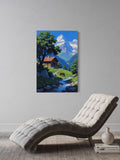 Mountain Cabin Wall Art – Serene Chalet, Horse & Stream Landscape Print