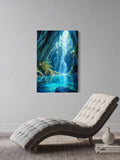 Magical Canyon Waterfall Wall Art – Nature Landscape Print with Blue Lagoon & Sunlight Rays