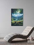 Tranquil Mountain View Wall Art – Serene Bench Overlook, Forest Lake Nature Print