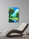 Peach Orchard Stream Wall Art – Vibrant Summer Landscape Nature Print for Home Decor