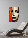 Abstract Modern Face Painting on Canvas – Bold Red, Gold & Black Expressionist Art