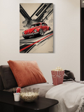 Red VW Beetle Racing Poster – Vintage Volkswagen Art with Abstract Background