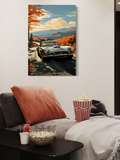 Vintage Green Sports Car Autumn Poster – Classic Car Art in Mountain Landscape