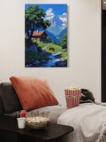Mountain Cabin Wall Art – Serene Chalet, Horse & Stream Landscape Print