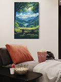 Tranquil Mountain View Wall Art – Serene Bench Overlook, Forest Lake Nature Print