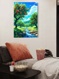Peach Orchard Stream Wall Art – Vibrant Summer Landscape Nature Print for Home Decor