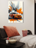 BMW M4 Drift Art – Orange Sports Car Illustration with Smoke and Splatter