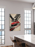 Red VW Beetle Racing Poster – Vintage Volkswagen Art with Abstract Background