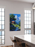 Mountain Cabin Wall Art – Serene Chalet, Horse & Stream Landscape Print