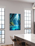 Magical Canyon Waterfall Wall Art – Nature Landscape Print with Blue Lagoon & Sunlight Rays