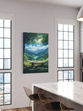 Tranquil Mountain View Wall Art – Serene Bench Overlook, Forest Lake Nature Print