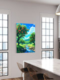 Peach Orchard Stream Wall Art – Vibrant Summer Landscape Nature Print for Home Decor