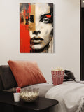 Abstract Modern Face Painting on Canvas – Bold Red, Gold & Black Expressionist Art