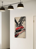 Red VW Beetle Racing Poster – Vintage Volkswagen Art with Abstract Background