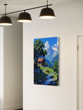 Mountain Cabin Wall Art – Serene Chalet, Horse & Stream Landscape Print