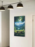 Tranquil Mountain View Wall Art – Serene Bench Overlook, Forest Lake Nature Print
