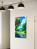 Peach Orchard Stream Wall Art – Vibrant Summer Landscape Nature Print for Home Decor