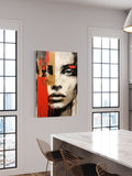 Abstract Modern Face Painting on Canvas – Bold Red, Gold & Black Expressionist Art