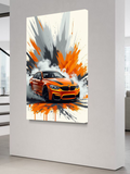 BMW M4 Drift Art – Orange Sports Car Illustration with Smoke and Splatter