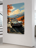 Vintage Green Sports Car Autumn Poster – Classic Car Art in Mountain Landscape