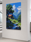 Mountain Cabin Wall Art – Serene Chalet, Horse & Stream Landscape Print