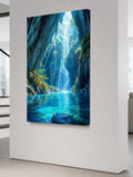 Magical Canyon Waterfall Wall Art – Nature Landscape Print with Blue Lagoon & Sunlight Rays