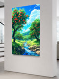 Peach Orchard Stream Wall Art – Vibrant Summer Landscape Nature Print for Home Decor