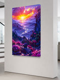 Vibrant Sunset Fantasy Wall Art – Dreamy Landscape Print with Mountains and River