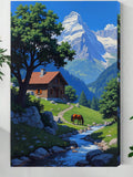 Mountain Cabin Wall Art – Serene Chalet, Horse & Stream Landscape Print
