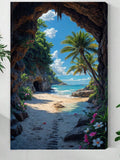 Tropical Beach Cave Wall Art – Ocean View, Palm Trees & Sandy Escape Print