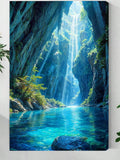 Magical Canyon Waterfall Wall Art – Nature Landscape Print with Blue Lagoon & Sunlight Rays