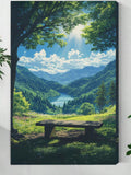 Tranquil Mountain View Wall Art – Serene Bench Overlook, Forest Lake Nature Print