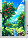 Peach Orchard Stream Wall Art – Vibrant Summer Landscape Nature Print for Home Decor