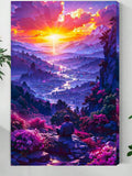 Vibrant Sunset Fantasy Wall Art – Dreamy Landscape Print with Mountains and River